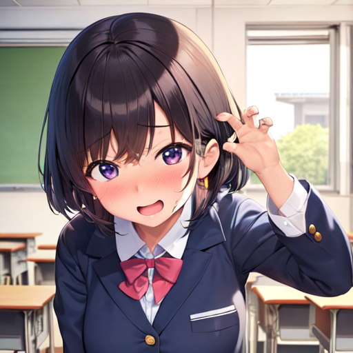 恥ずかしそうな顔をしてガチョーンの手をしている女子高生