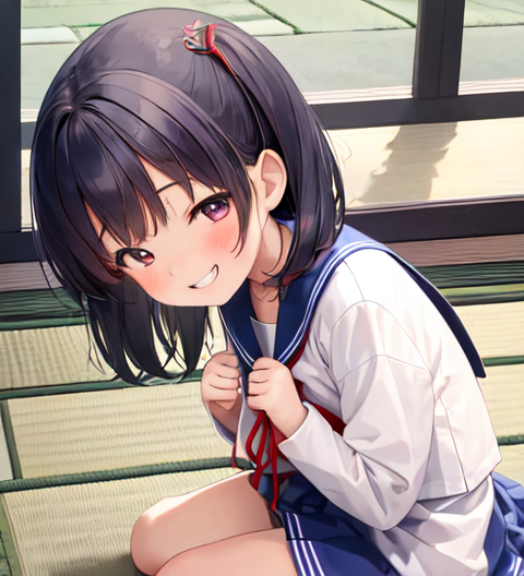 セーラー服に着替えて照れた表情でこっちの様子をうかがっている美少女