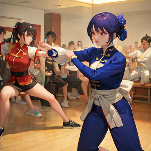 チャイナ服で中国武術を習っている格闘技道場