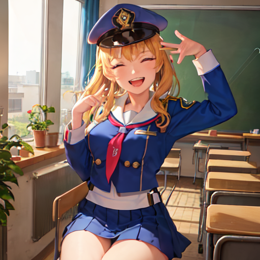 笑顔で警察官のような帽子をかぶった制服の女学生の絵