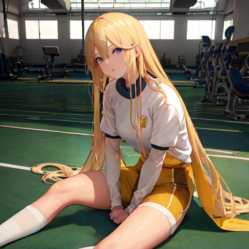 床に足を伸ばして座っているスポーティな恰好の金髪美少女
