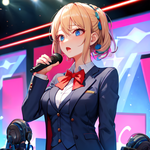 アナウンスしているスーツの若い女性絵