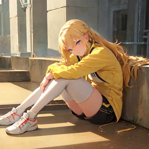 外でしんどそうに体育座りしている金髪のかわいい女の子