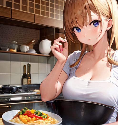 こっちを見て期待のまなざしを向けているエプロンを着た美人なお姉さんの2次元フリーイラスト素材