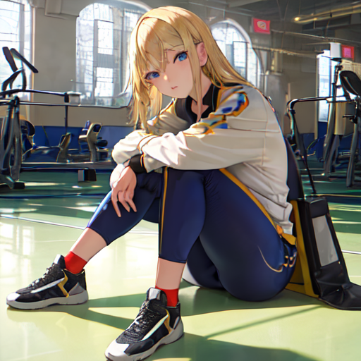 スポーツジャージを着て体育座りしている金髪美女