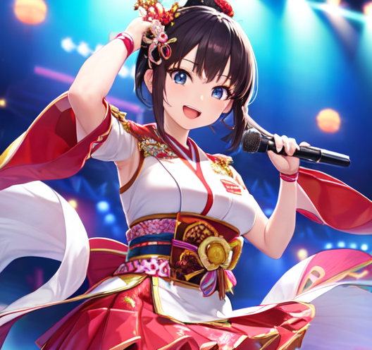 和服っぽいアイドルステージ衣装で元気に踊りながら歌っている美少女