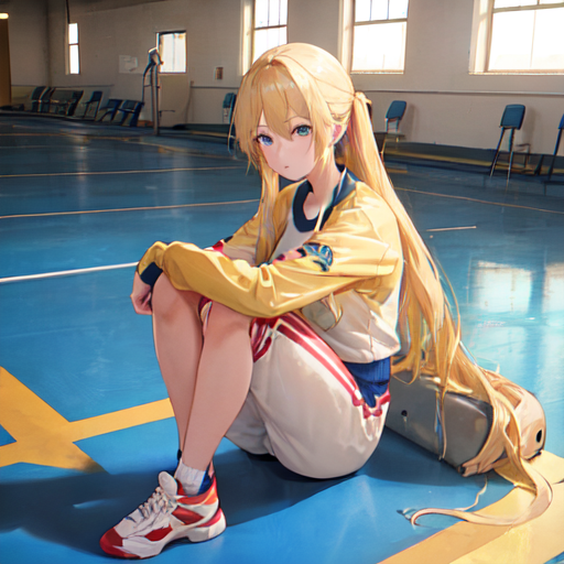 外人ぽい金髪美少女が床に体育座りしているフリーイラスト