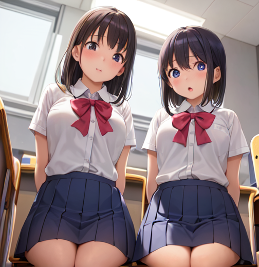 何かを見て照れた表情の女子高生二人