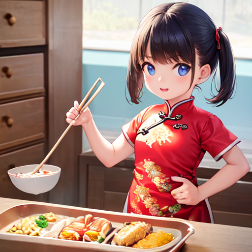 女の子がチャイナ服を着て得意げに料理をしているかわいいイラスト