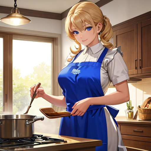 金髪の若奥さんが青いエプロンをつけて台所で料理している萌え系イラスト