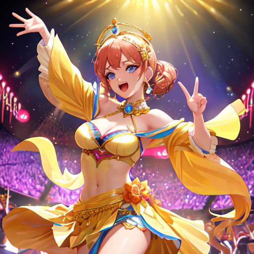 ヘソ出し衣装でがんばって歌いながら踊っている美少女アイドル