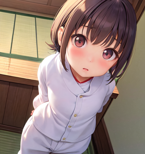 こっちを見上げて照れて赤面している小さい女の子の2次元画像