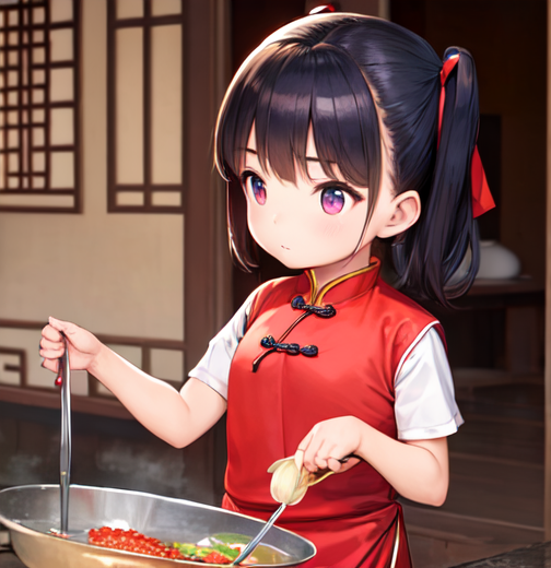 チャイナ服で中華料理をひたすら作っている美少女