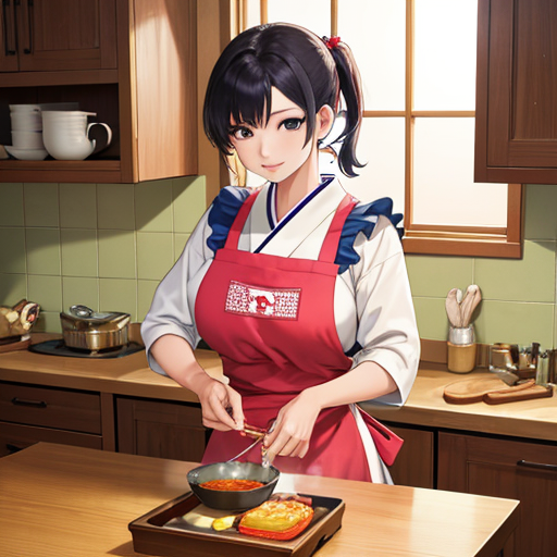 エプロン姿で手の込んでそうな朝ごはんを作ってくれている美人妻