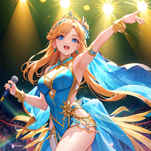 ヒラヒラの服で歌って踊っている金髪美人女性アイドル