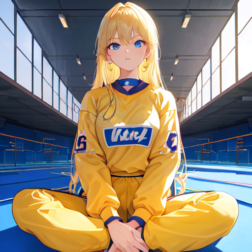 美少女が体育館にあぐらをかいて座っている2次元絵