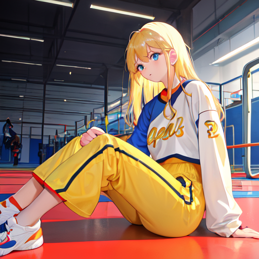 少しつらそうに体育座りしている金髪美女のイラスト