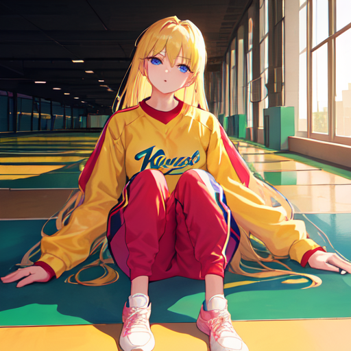 金髪女性がアンニュイな感じで体育館に座っている