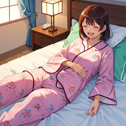 ベッドの上で一人爆笑しているパジャマ女子