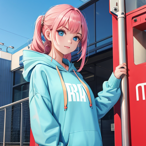 ピンク髪ツインテールでパーカーを着た女