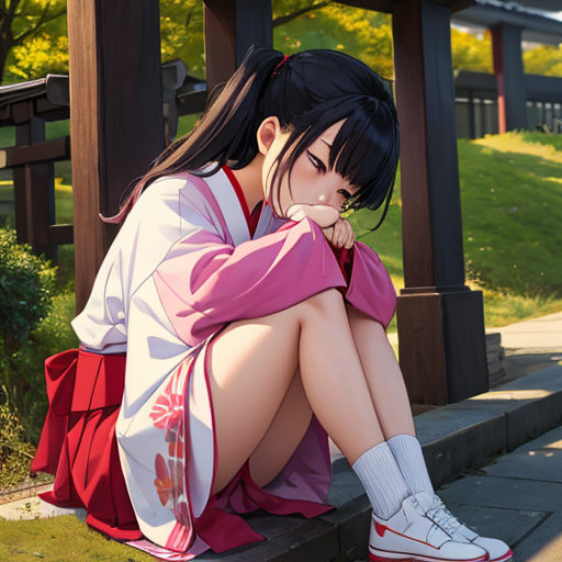 座り込んで悩んでしまっている巫女さん