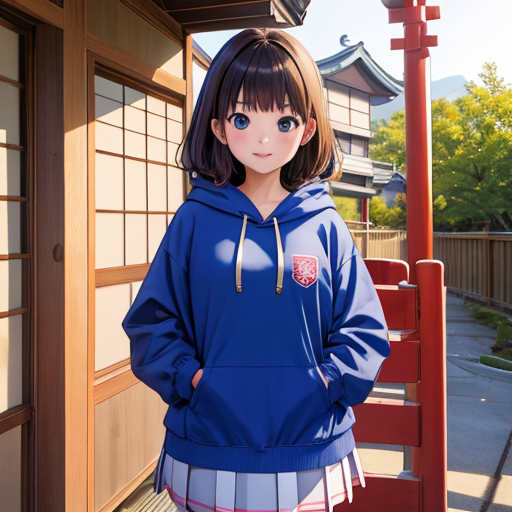 パーカーを来て神社付近を散歩している女の子