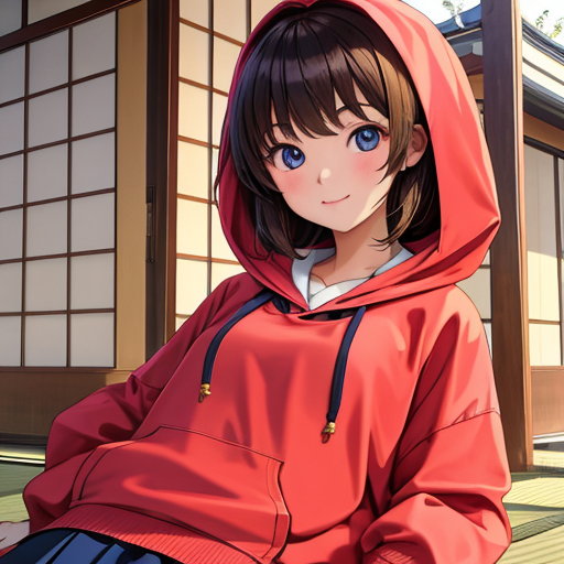 赤いフードつきパーカーを来て微笑んでいる美少女の男性向け萌えイラスト