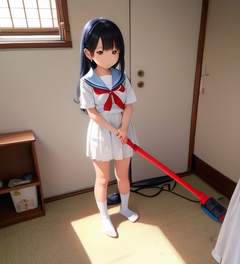 掃除機で散らかった部屋を掃除している女子