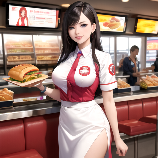 スタイルのいい美人なファーストフード見せの女性店員