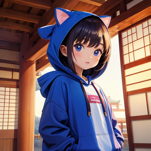 ネコ耳が生えている青色のパーカーを着たかわいらしい少女