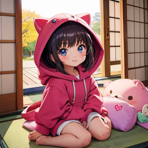 小さくてかわいいネコ耳パーカー姿の女の子