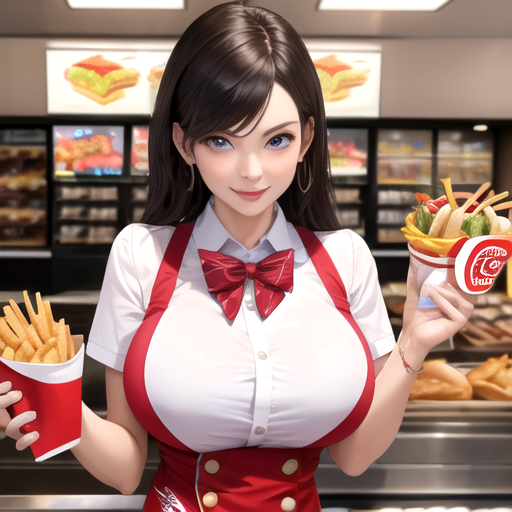 胸の大きなファーストフード店の女性店員さん