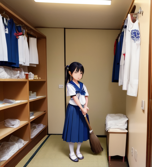 箒をもって部屋そうじをしている身長の低い女の子