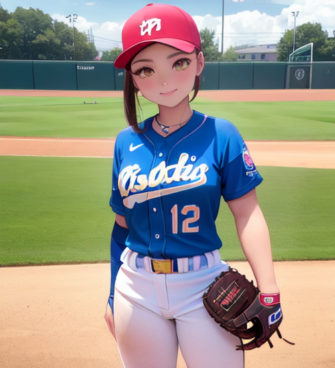 マウンドに立って自信満々の表情をしている運動が得意そうな女性