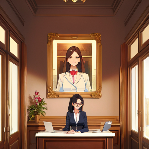 女性社長の写真がかざってある受付のイラスト