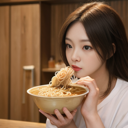 不思議な食べ方をしている女性とラーメンの画像