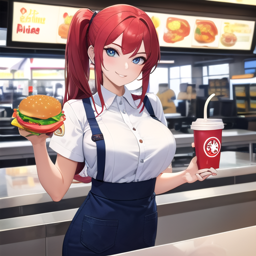 スタイルが良くて美人な赤髪お姉さんのハンバーガーショップ店員