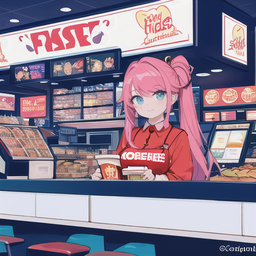 ピンク髪の女性店員さんがいるファーストフード店