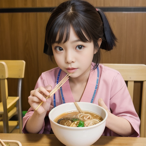 ラーメンを食べている若い女性の写真