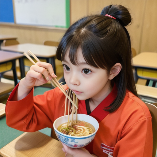 髪を結んだかわいらしい女の子がラーメンを食べている様子のリアル系AIイラスト