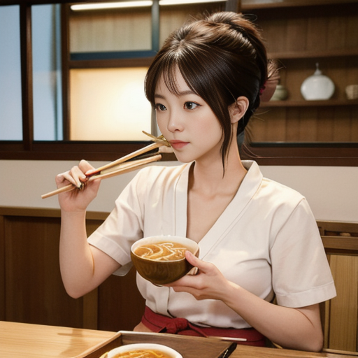 お店でラーメンを食べている女性の絵